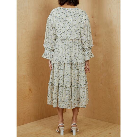 Ghospell Vintage Ditsy Floral Ruffle Tiered Oversized Midi‎ Smock Dress Large - Picture 2 of 13